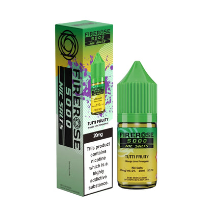Elux Firerose 5000 nic salt e-liquid bottle in "Tutti Fruity" flavour with colourful packaging on a white background.