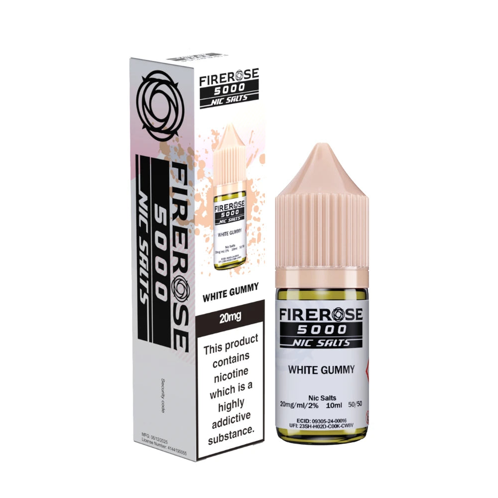 Elux Firerose 5000 nic salt e-liquid bottle in "White Gummy" flavour with colourful packaging on a white background.