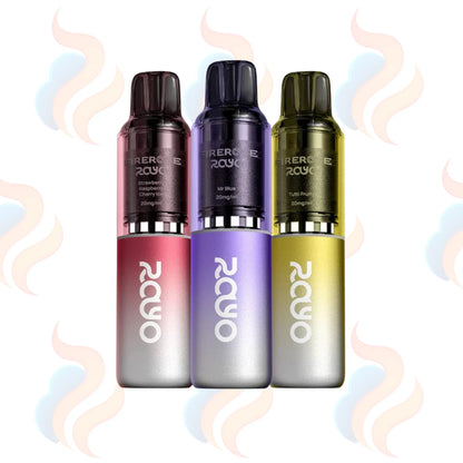 Three Firerorse RAYO vape devices in different colours on a logo background
