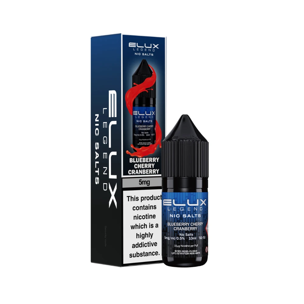 Elux Legend 5mg Nic Salts Blueberry Cherry Cranberry bottle and packaging on a white background