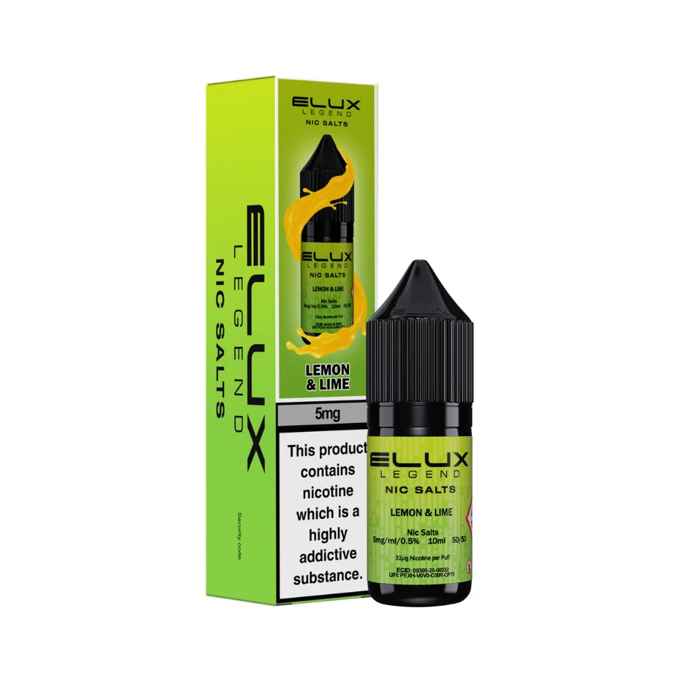 Elux Legend 5mg Nic Salts Lemon & Lime vape juice bottle and packaging on a white background