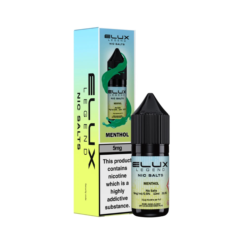 Elux Legend 5mg Nic Salts Menthol vape juice bottle and packaging on a white background
