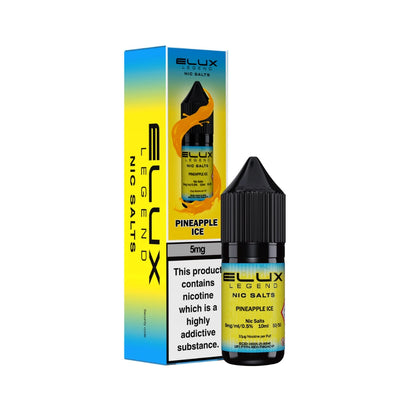 Elux Legend 5mg Nic Salts Pineapple Ice vape juice bottle and packaging on a white background