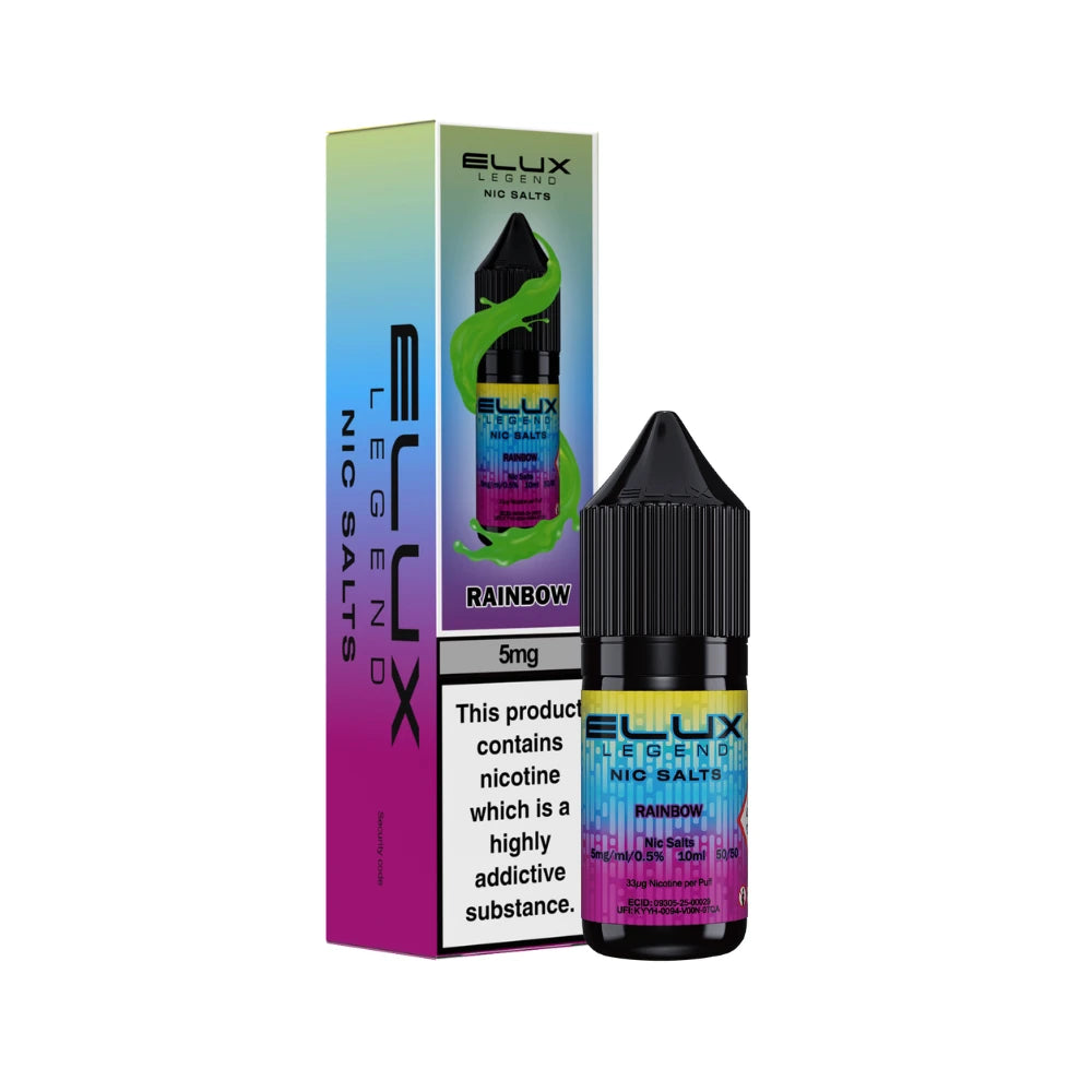 Elux Legend 5mg Nic Salts Rainbow vape juice bottle and packaging on a white background