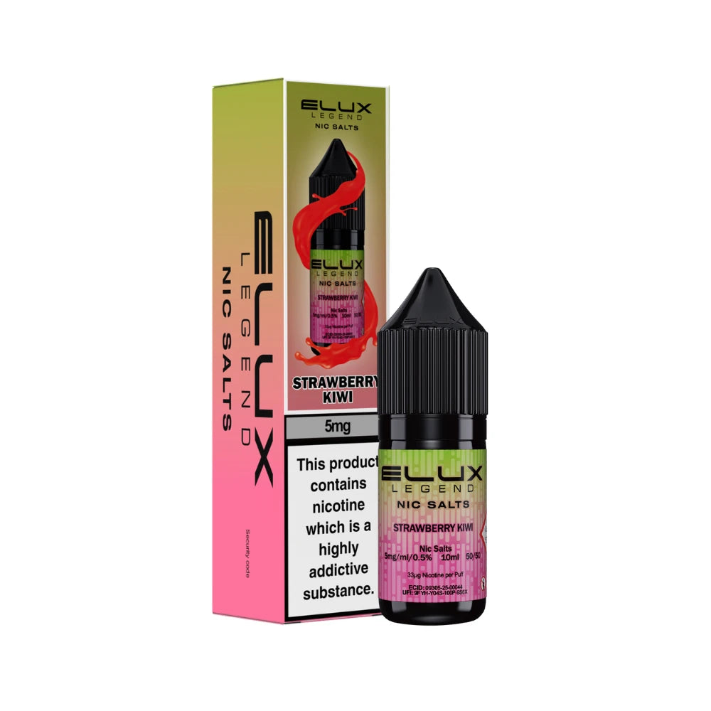 Elux Legend 5mg Nic Salts Strawberry Kiwi vape juice bottle and packaging on a white background