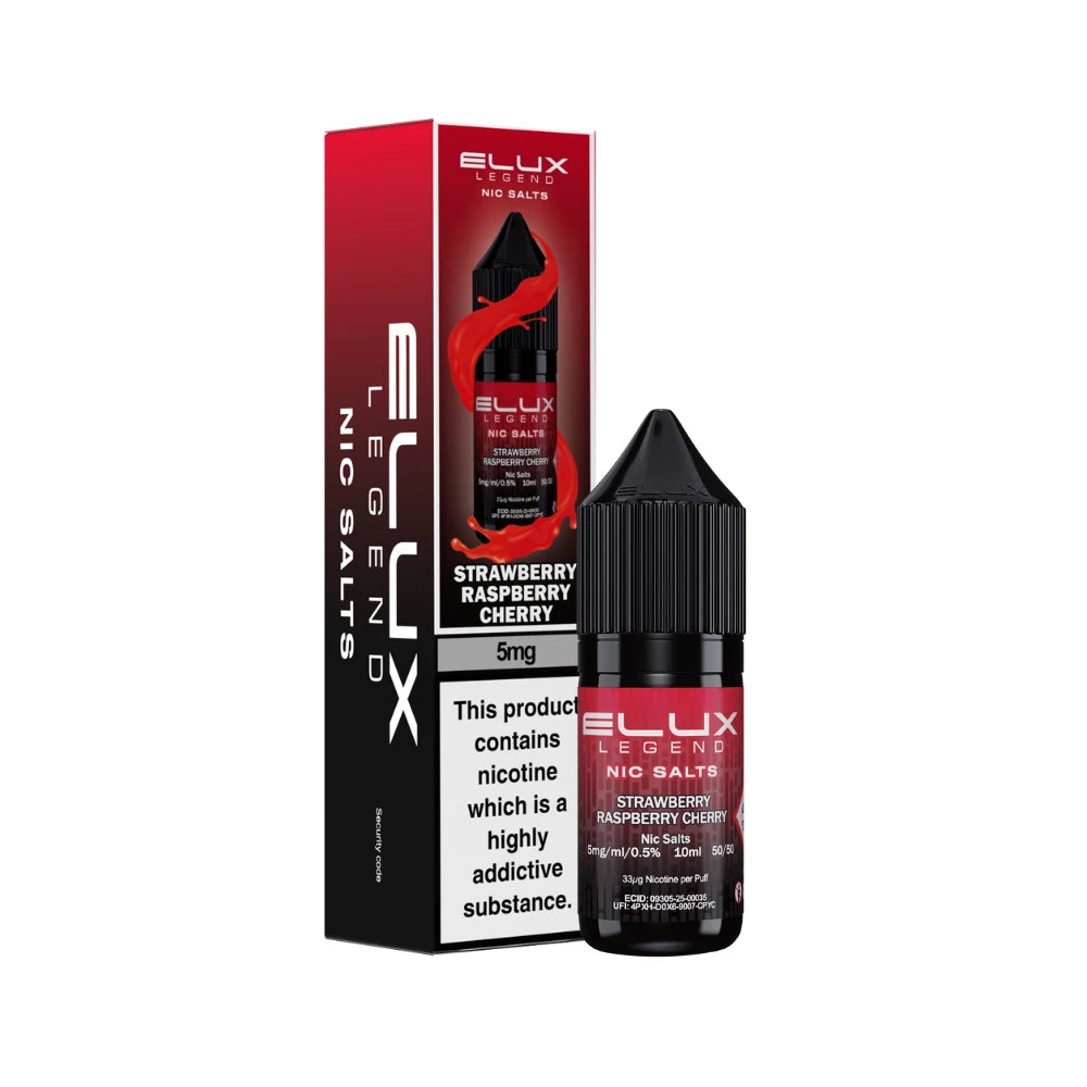 Elux Legend 5mg Nic Salts Strawberry Raspberry Cherry nicotine salt packaging and bottle on a white background