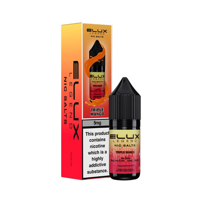 Elux Legend 5mg Nic Salts Triple Mango vape juice bottle and packaging on a white background