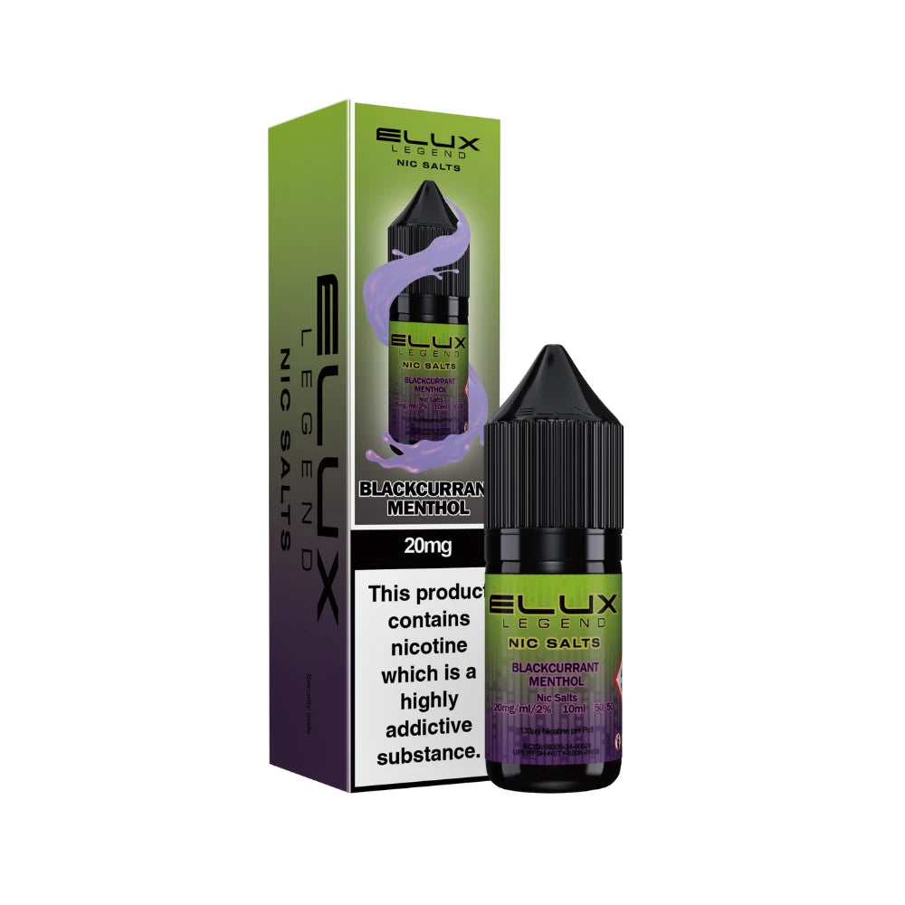 Elux legend nic salts blackcurrant menthol flavoured juice bottle and packaging on a white background