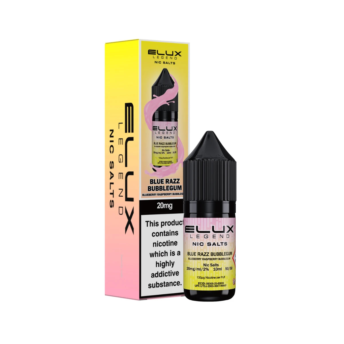Elux Legend Nic Salts "Blue Razz Bubblegum" vape juice bottle and packaging on a white background