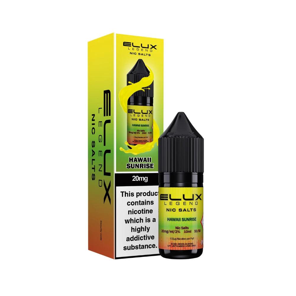 Elux Legend Nic Salts Hawaii Sunrise vape juice bottle and packaging on a white background