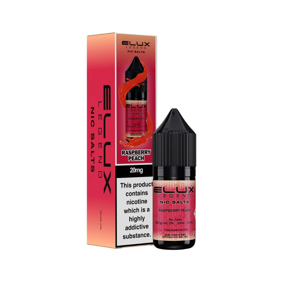 Ellux Legend Nic Salts Raspberry Peach e-liquid bottle and packaging on a white background