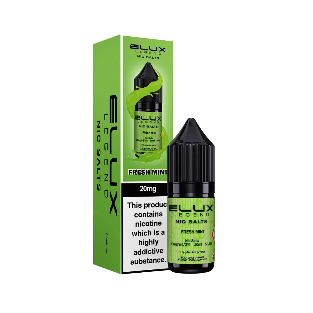 Elux Legend Nic Salts Fresh Mint vape juice bottle and packaging on a white background