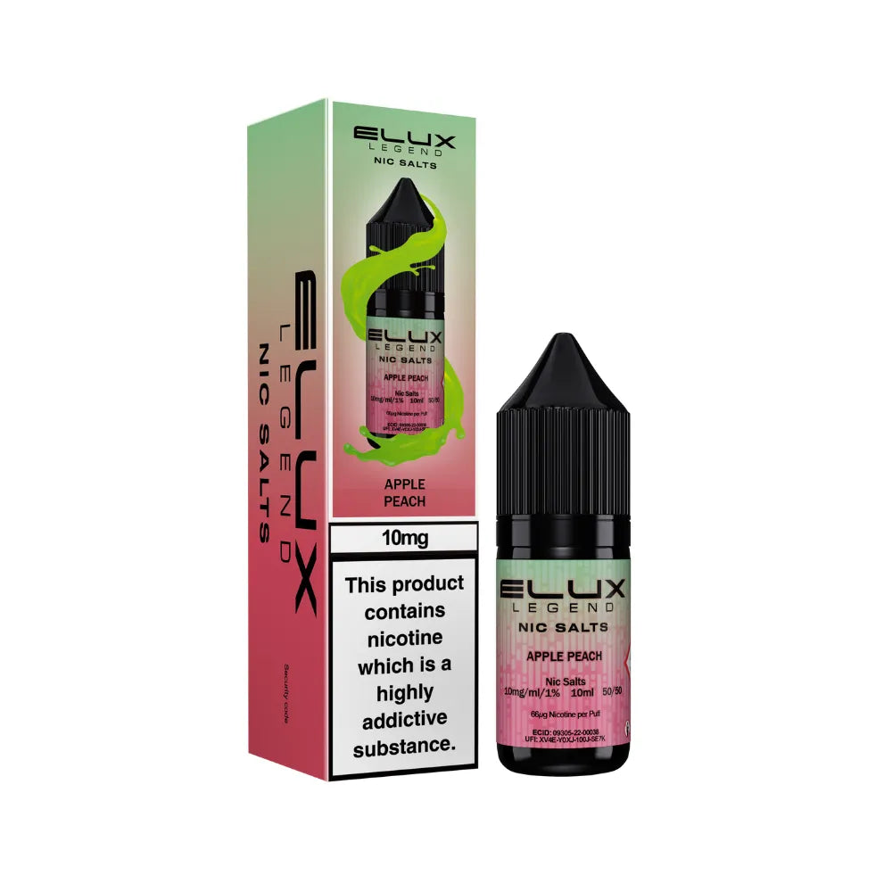 Elux Legend Nic Salts apple peach bottle and packaging on a white background