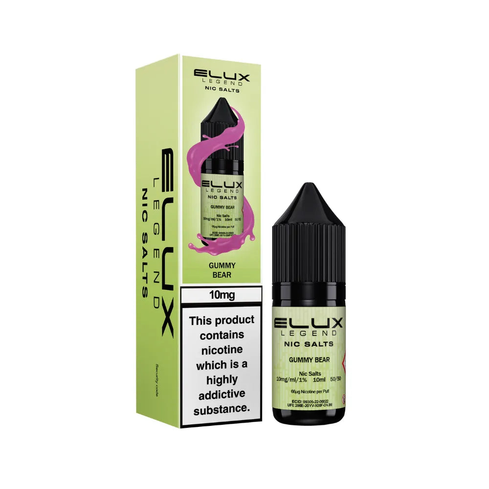 Elux Legend Nic Salts Gummy Bear vape juice bottle and packaging on a white background