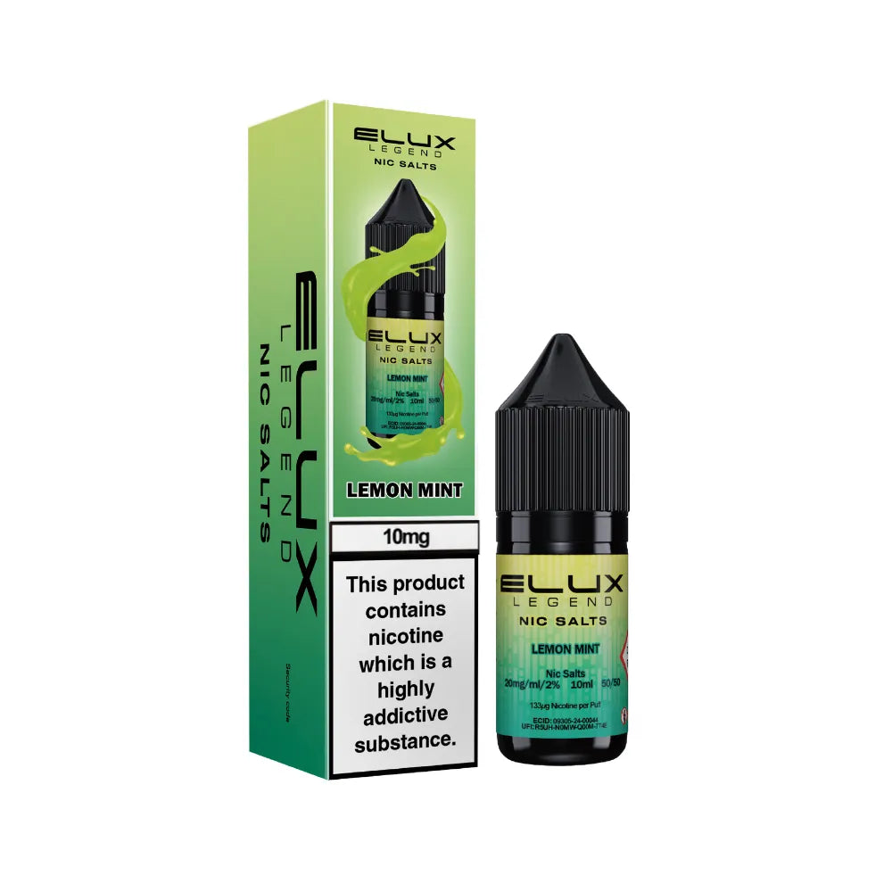 Elux Legend Nic Salts Lemon Mint vape juice bottle and packaging on a white background