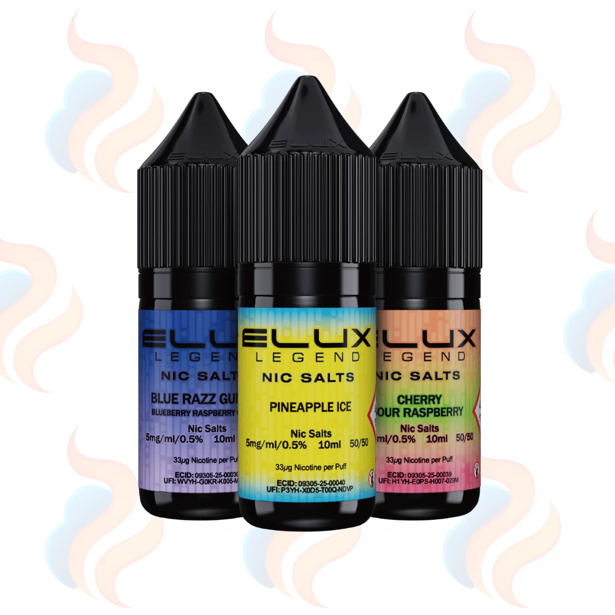 Three Elux Legend Salts 5mg E-liquids on a white background with UK Vape Supply Logo
