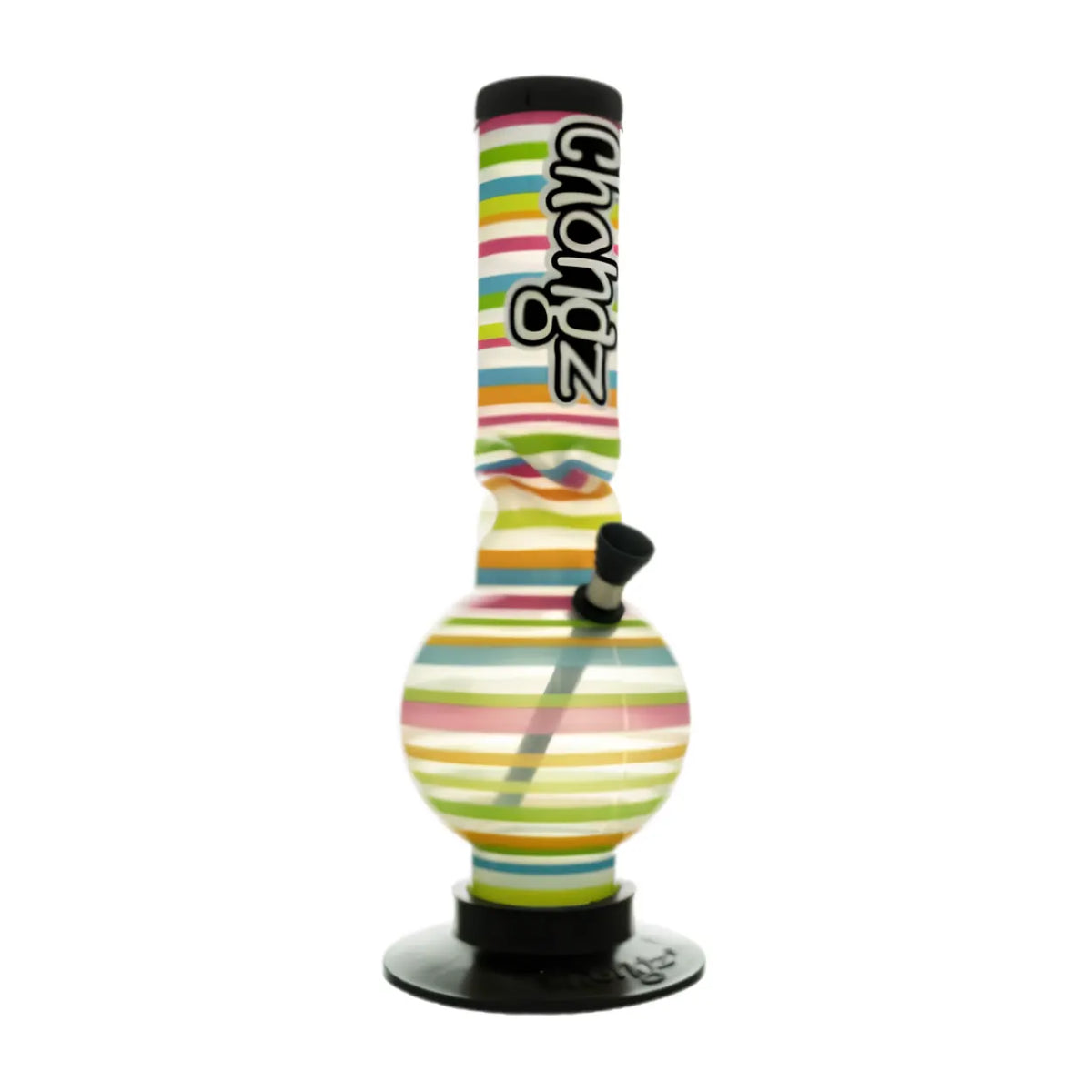 A colourful striped glass water pipe with a black mouthpiece and base, featuring the brand name 'Coangz' printed vertically on the neck.