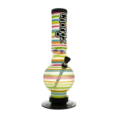 A colourful striped glass water pipe with a black mouthpiece and base, featuring the brand name 'Coangz' printed vertically on the neck.