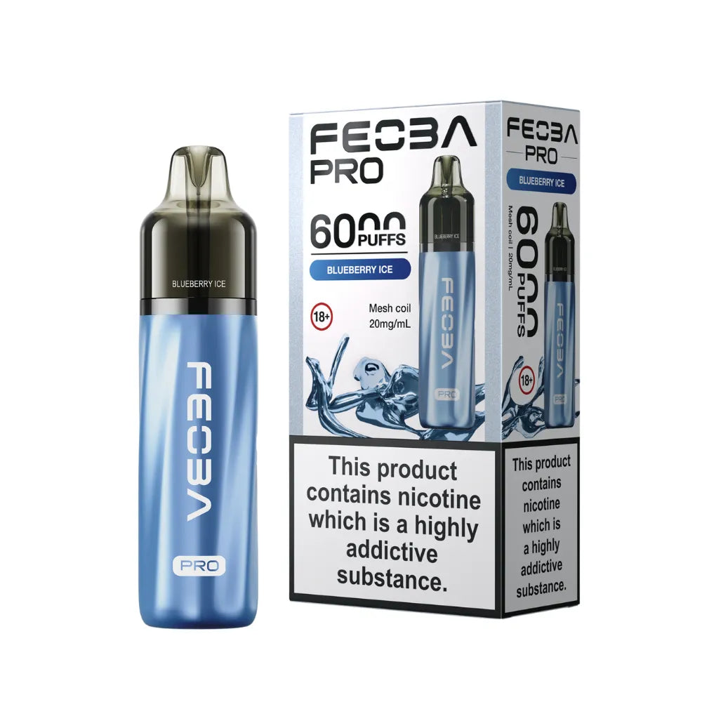Blue vape device with 'Feoba Pro' branding and packaging on a white background