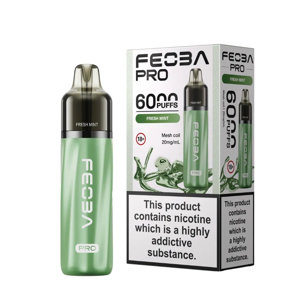 Green vape device with 'Feoba Pro' branding and packaging on a white background
