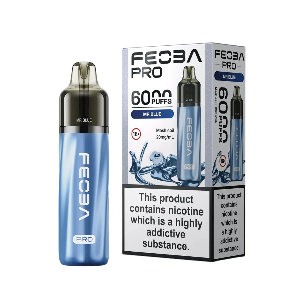 Blue vape device with FEOBA branding and packaging on a white background