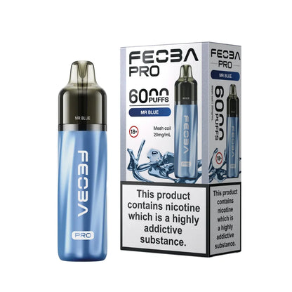 Blue vape device with FEOBA branding and packaging on a white background