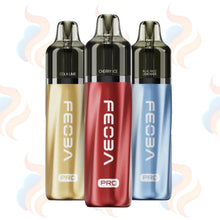 Three Feoba vape devices in gold, red, and blue on a UK Vape Supply background