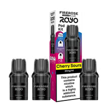 Three Elux Firerose Rayo refill pods in "Cherry Sours" flavour with colourful packaging on a white background