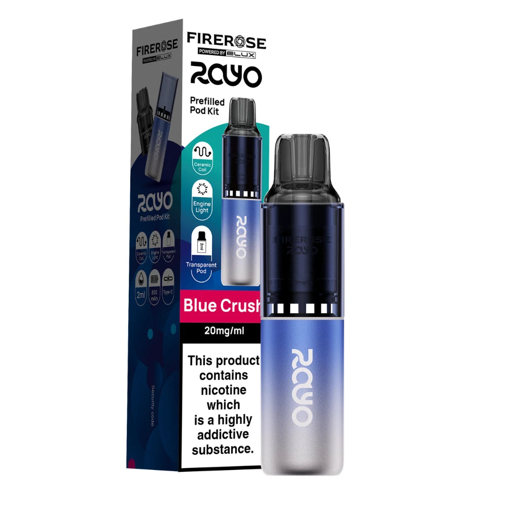 Elux Firerose Rayo vape kit in "Blue Crush" flavour with colourful packaging on a white background.