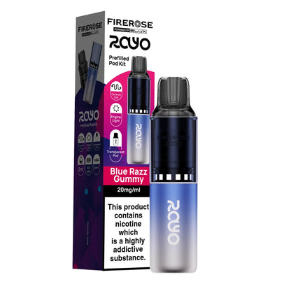 Elux Firerose Rayo vape kit in "Blue Razz Gummy" flavour with colourful packaging on a white background.