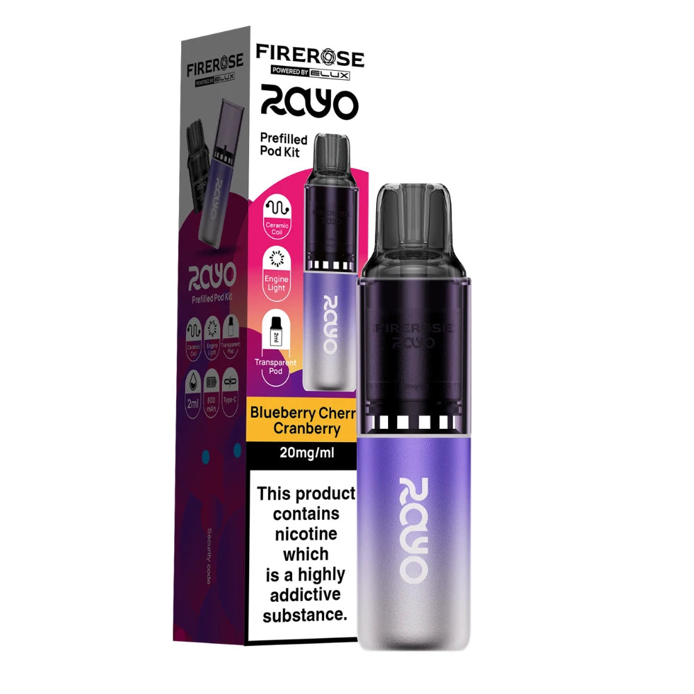 Elux Firerose Rayo vape kit in "Blueberry Cherry Cranberry" flavour with colourful packaging on a white background.