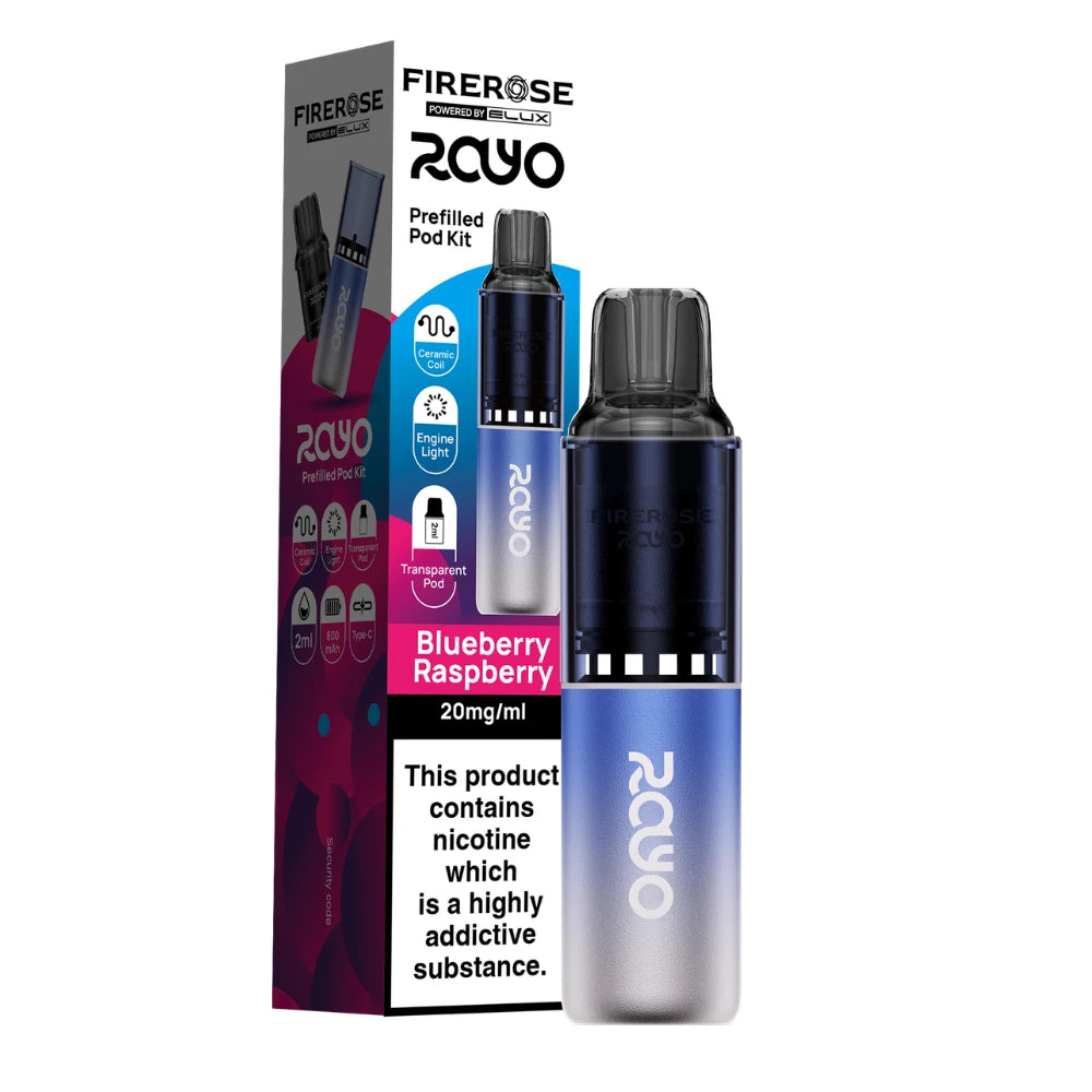 Elux Firerose Rayo vape kit in "Blueberry Raspberry" flavour with colourful packaging on a white background.