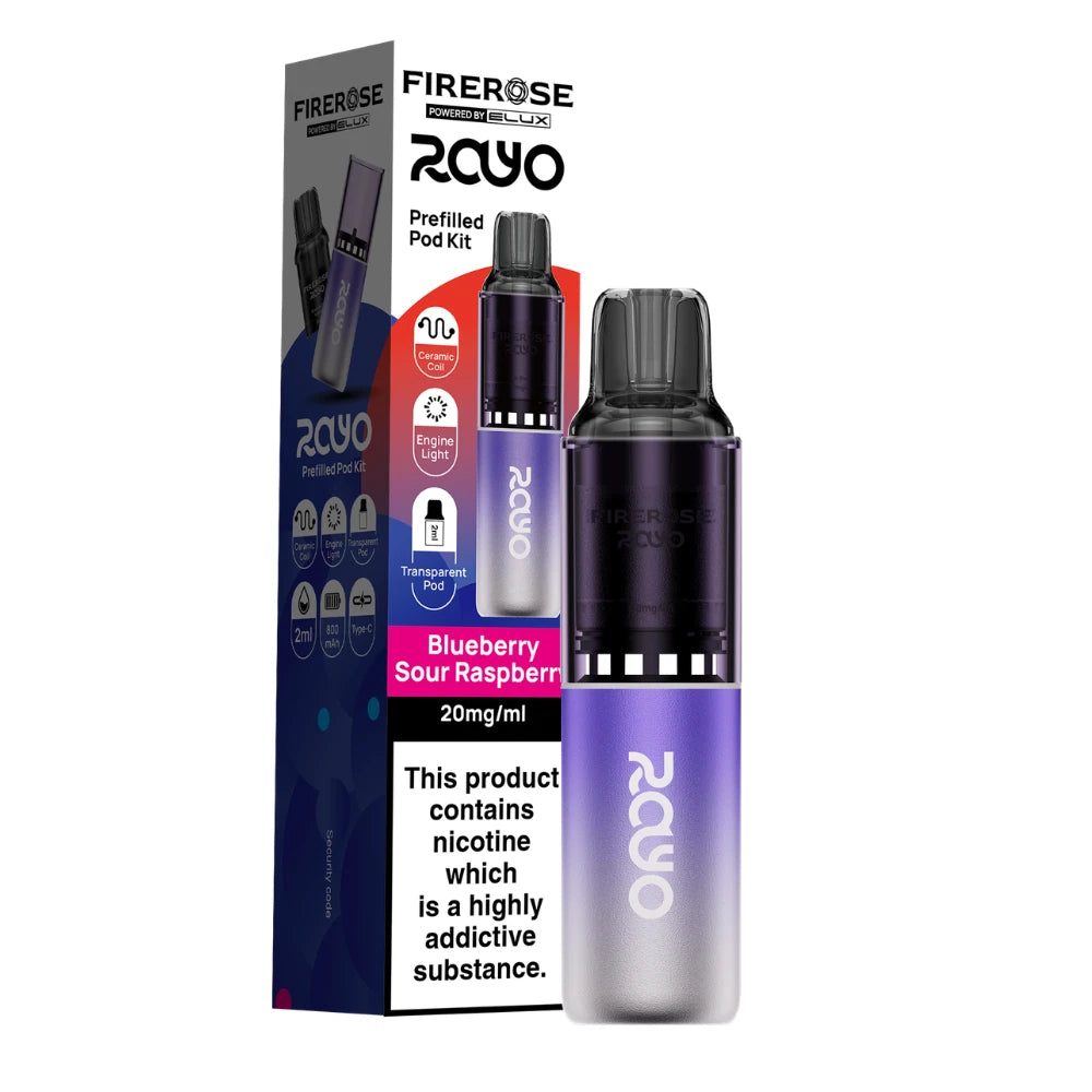 Elux Firerose Rayo vape kit in "Blueberry Sour Raspberry" flavour with colourful packaging on a white background.