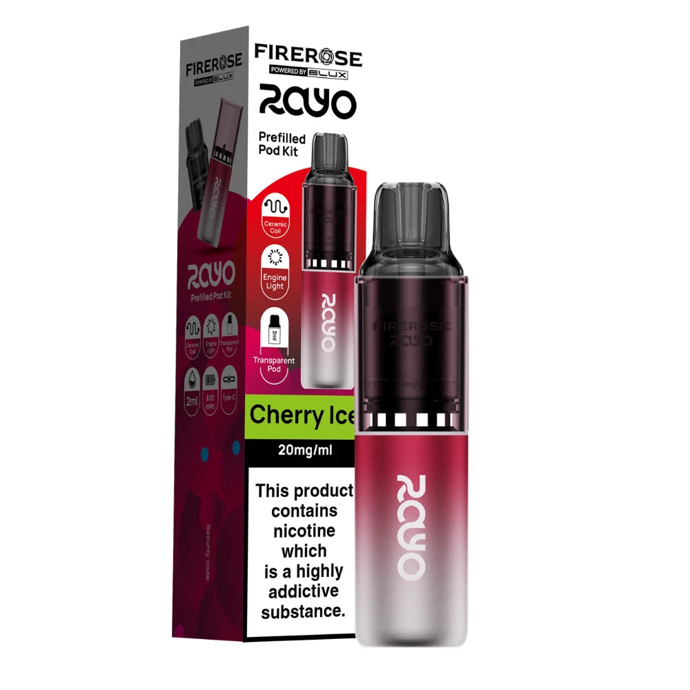 Elux Firerose Rayo vape kit in "Cherry Ice" flavour with colourful packaging on a white background.