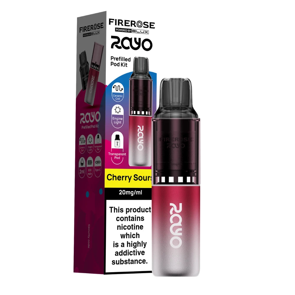 Elux Firerose Rayo vape kit in "Cherry Sours" flavour with colourful packaging on a white background.