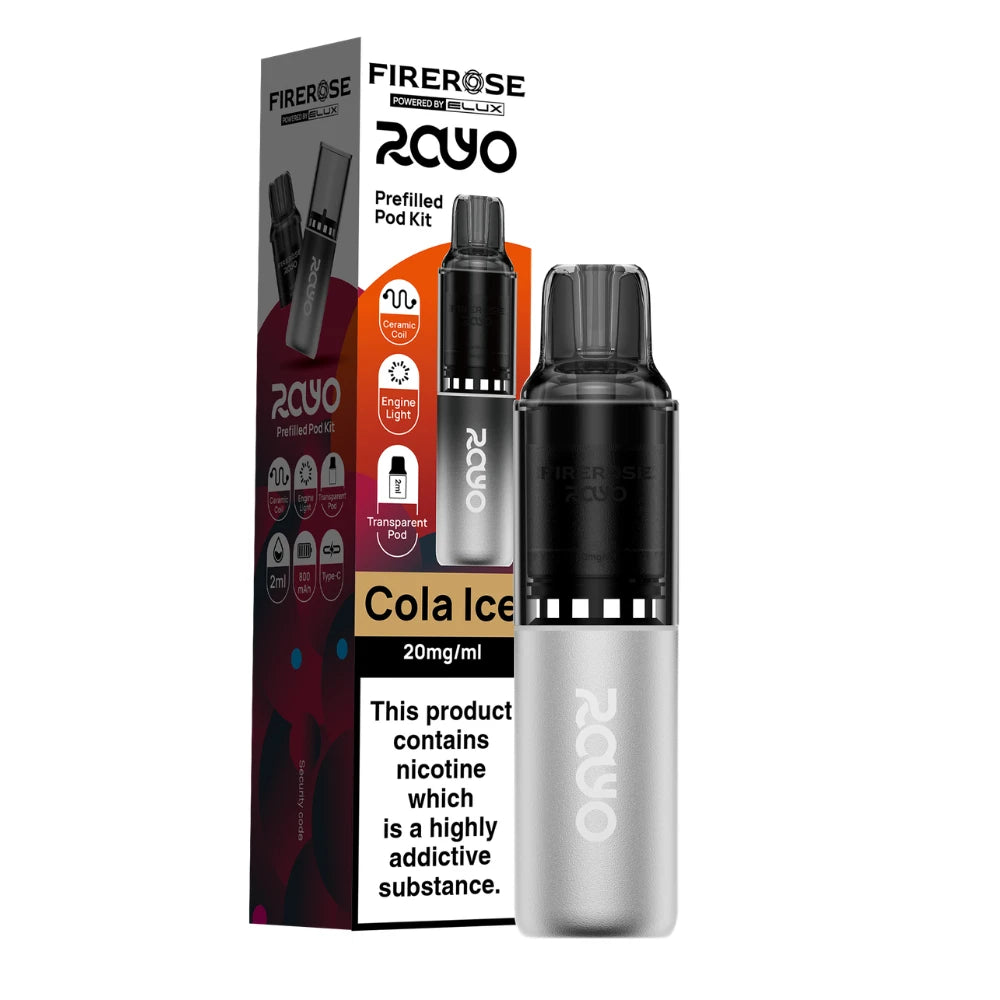 Elux Firerose Rayo vape kit in "Cola Ice" flavour with colourful packaging on a white background.