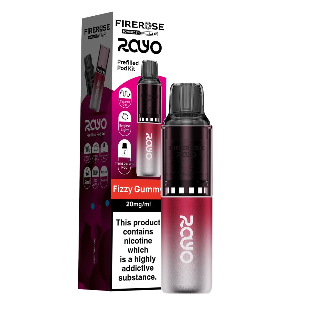 Elux Firerose Rayo vape kit in "Fizzy Gummy" flavour with colourful packaging on a white background.