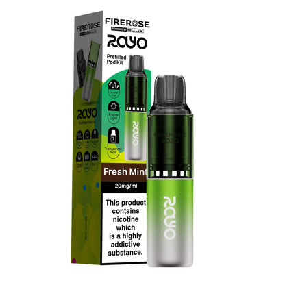 Elux Firerose Rayo vape kit in "Fresh Mint" flavour with colourful packaging on a white background.