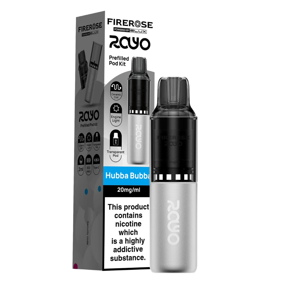 Elux Firerose Rayo vape kit in "Hubba Bubba" flavour with colourful packaging on a white background.