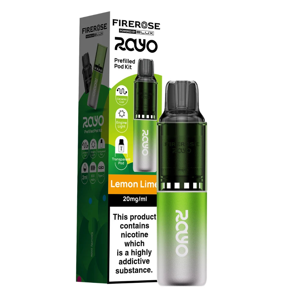 Elux Firerose Rayo vape kit in "Lemon Lime" flavour with colourful packaging on a white background.