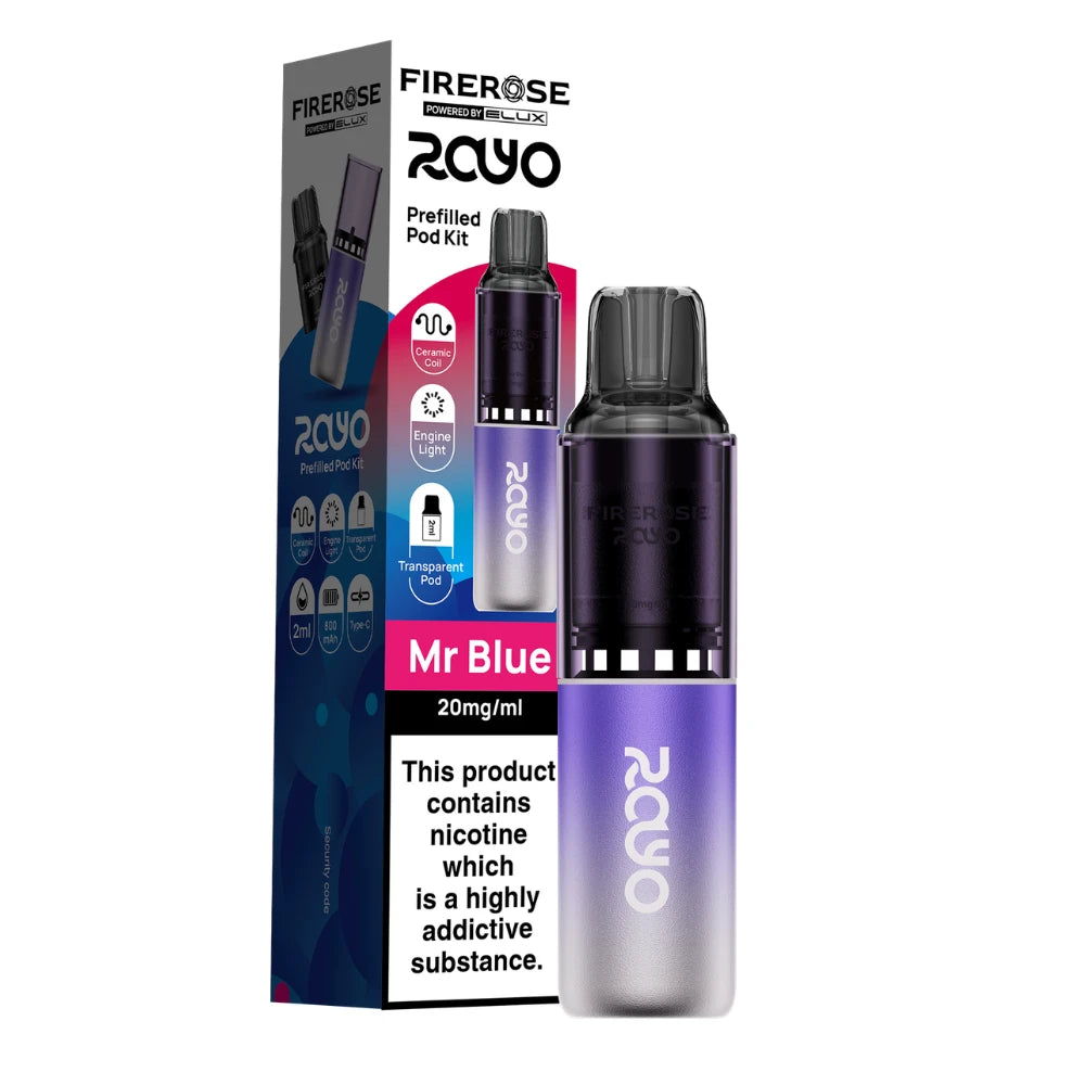 Elux Firerose Rayo vape kit in "Mr Blue" flavour with colourful packaging on a white background.