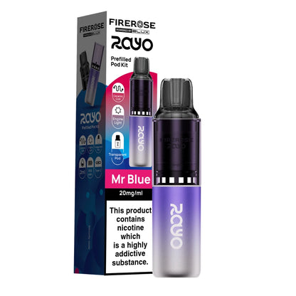 Elux Firerose Rayo vape kit in "Mr Blue" flavour with colourful packaging on a white background.