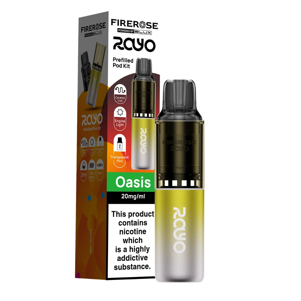 Elux Firerose Rayo vape kit in "Oasis" flavour with colourful packaging on a white background.