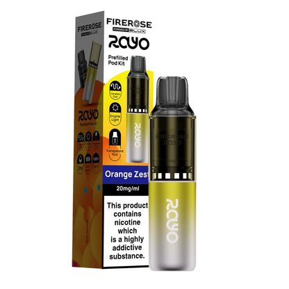 Elux Firerose Rayo vape kit in "Orange Zest" flavour with colourful packaging on a white background.