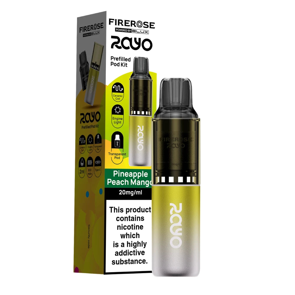Elux Firerose Rayo vape kit in "Pineapple Peach Mango" flavour with colourful packaging on a white background.