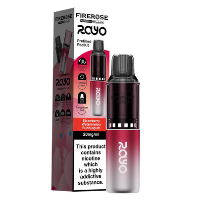 Elux Firerose Rayo vape kit in "Strawberry Watermelon Bubble Gum" flavour with colourful packaging on a white background.