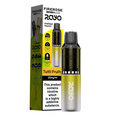 Elux Firerose Rayo vape kit in "Tutti Fruity" flavour with colourful packaging on a white background.