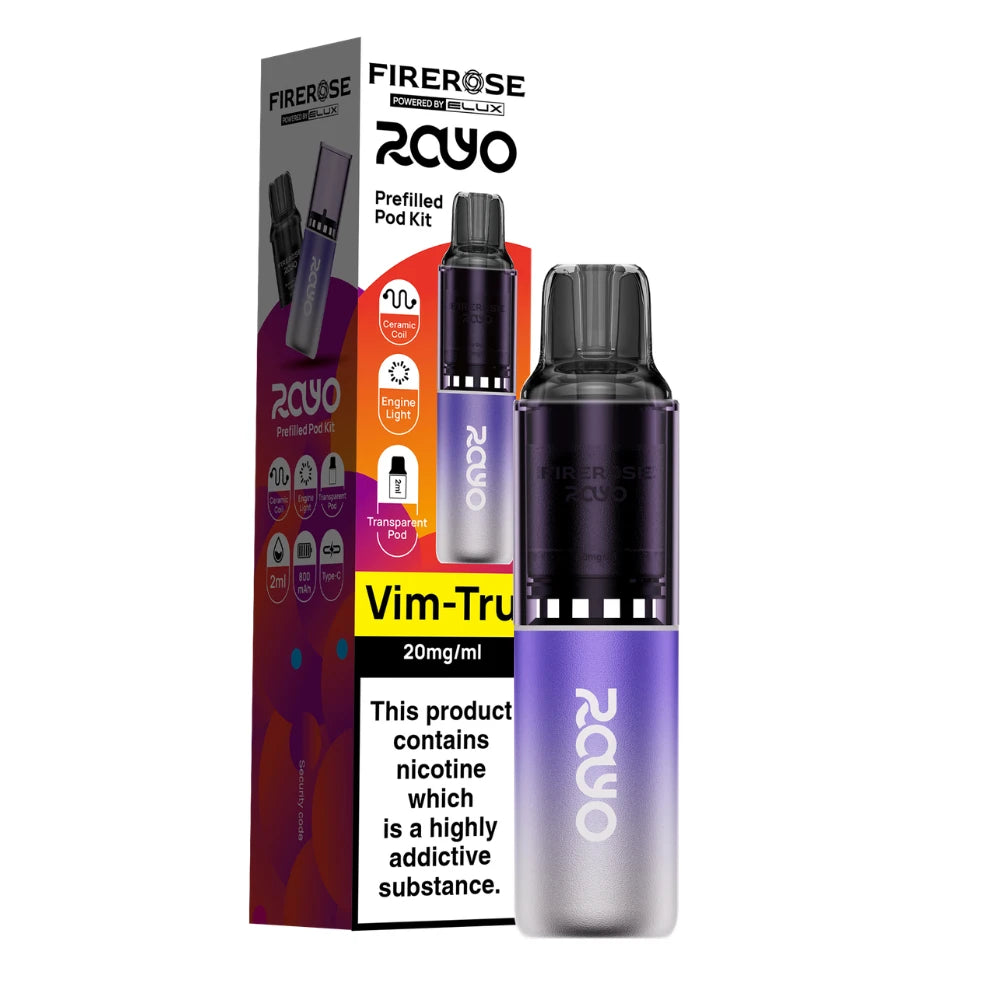 Elux Firerose Rayo vape kit in "Vim Tru" flavour with colourful packaging on a white background.