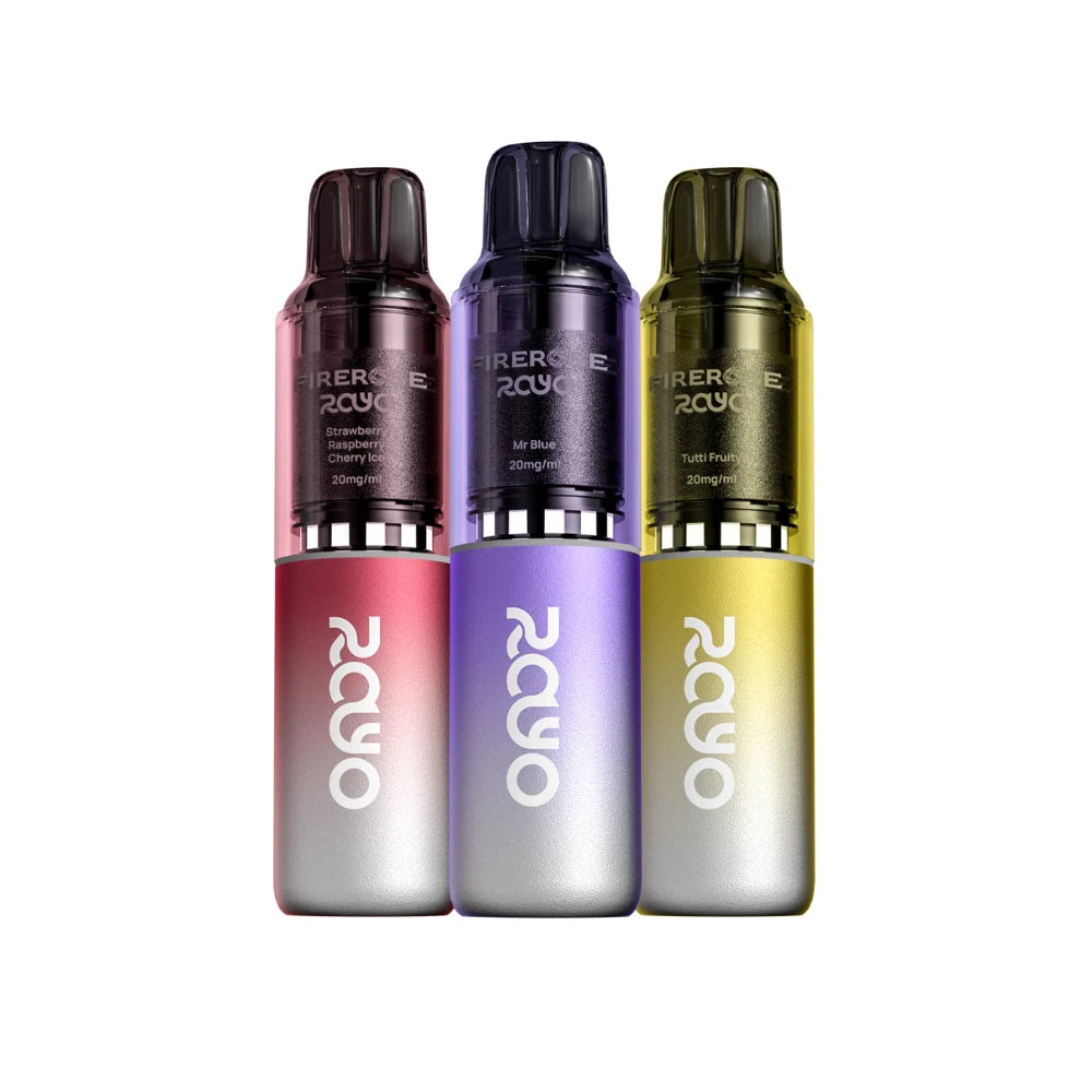 Three Firerorse RAYO vape devices in different colours on a white background