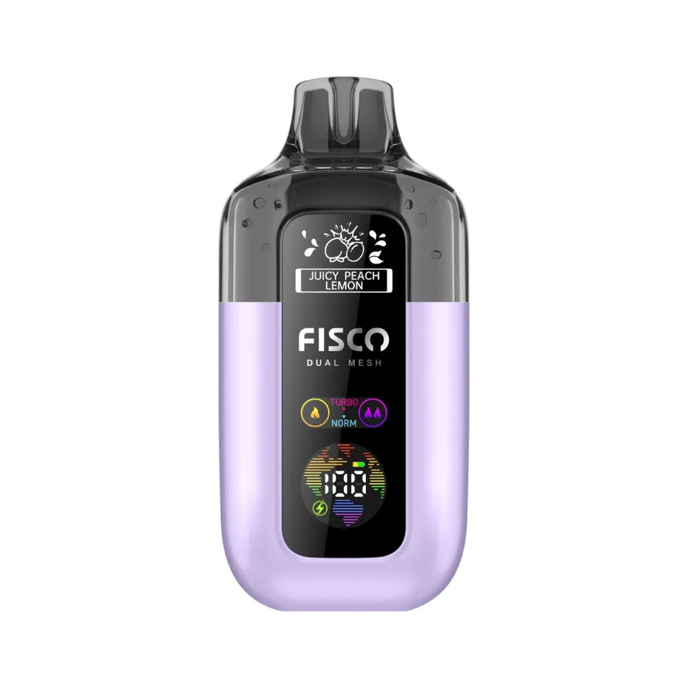 Fisco vape Juicy Peach Lemon device with display on a white background